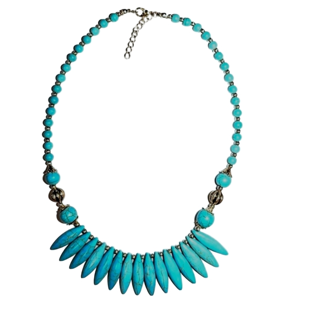 Natural Stone Necklace Vacay Jewelry Blue Malachite Tribal Bohemian Boho Style - Picture 5 of 10